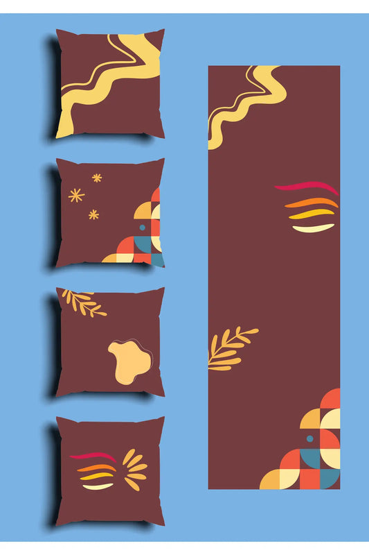 Burgundy & Gold Ethnic Boho Cushion Cover Set & Table Runner - Abstract Terracotta Waves & Geometric Sunburst Combo for Living Room Decor