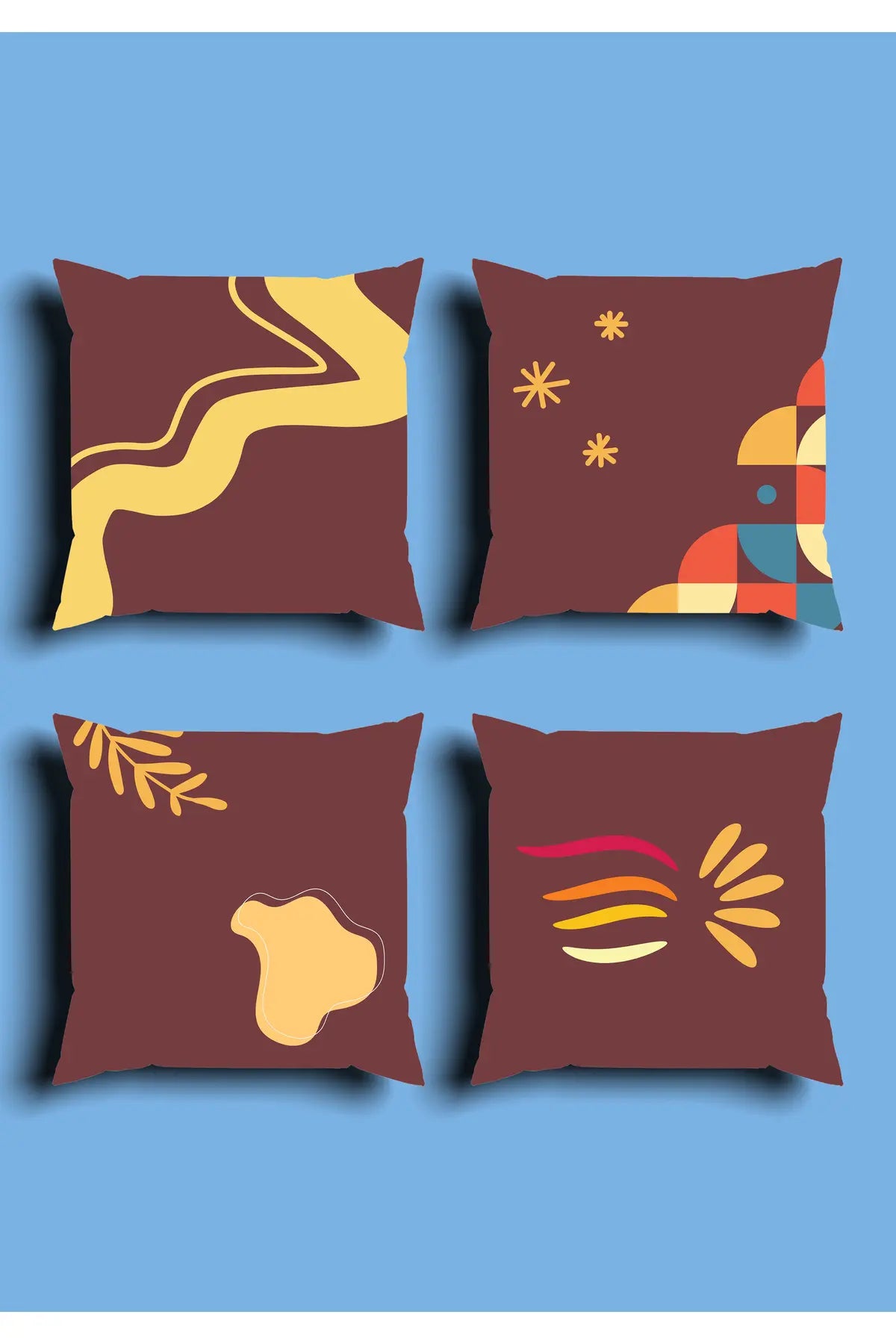 Burgundy & Gold Ethnic Boho Cushion Cover Set & Table Runner - Abstract Terracotta Waves & Geometric Sunburst Combo for Living Room Decor