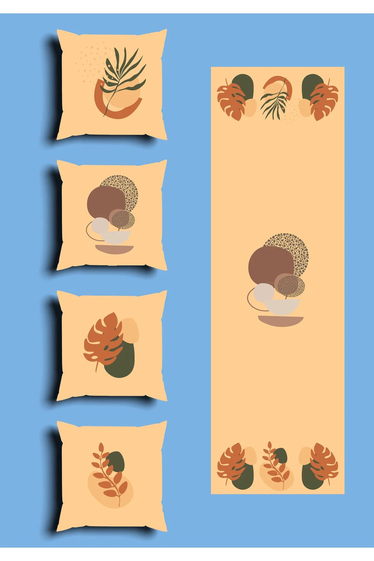 Earthy Beige Boho Cushion Cover Set & Table Runner - Abstract Terracotta Clay Pottery & Minimalist Monstera Autumn Palm Leaf Art for Living Room Decor