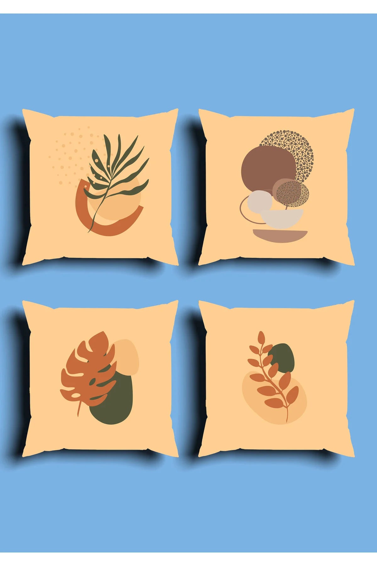Earthy Beige Boho Cushion Cover Set & Table Runner - Abstract Terracotta Clay Pottery & Minimalist Monstera Autumn Palm Leaf Art for Living Room Decor