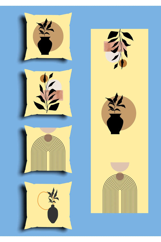 Mustard Yellow Boho Cushion Cover Set & Table Runner - Abstract Mid-Century Black Clay Vases & Minimalist Geometric Arch Line Art for Living Room Decor