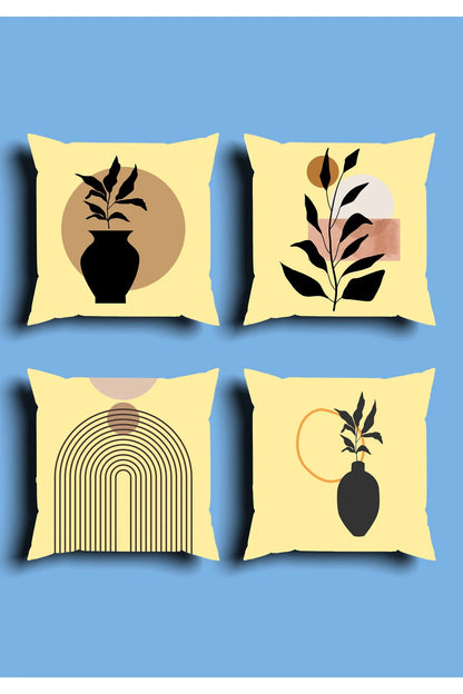 Mustard Yellow Boho Cushion Cover Set & Table Runner - Abstract Mid-Century Black Clay Vases & Minimalist Geometric Arch Line Art for Living Room Decor