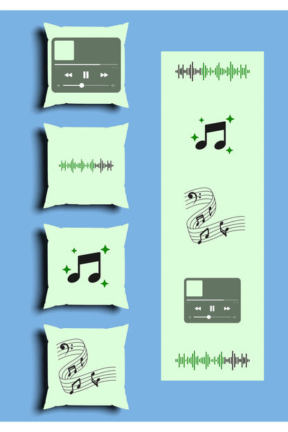 Modern Mint Green Music Playlist Cushion Cover Set & Table Runner - Digital Soundwave Retro Media Player & Musical Notes Combo for Creative Studio Decor