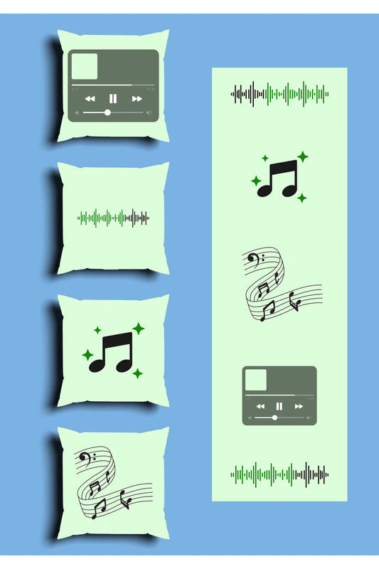 Modern Mint Green Music Playlist Cushion Cover Set & Table Runner - Digital Soundwave Retro Media Player & Musical Notes Combo for Creative Studio Decor