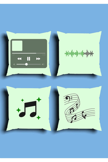 Modern Mint Green Music Playlist Cushion Cover Set & Table Runner - Digital Soundwave Retro Media Player & Musical Notes Combo for Creative Studio Decor
