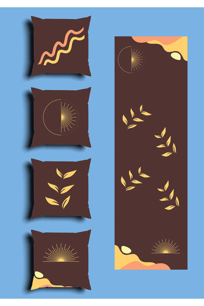 Chocolate Brown Mystic Sun & Moon Cushion Cover Set & Table Runner - Abstract Golden Sunburst & Celestial Leafy Branch Combo for Cozy Living Room