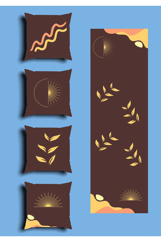 Chocolate Brown Mystic Sun & Moon Cushion Cover Set & Table Runner - Abstract Golden Sunburst & Celestial Leafy Branch Combo for Cozy Living Room