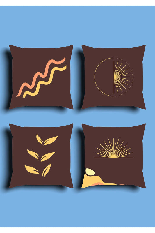 Chocolate Brown Mystic Sun & Moon Cushion Cover Set & Table Runner - Abstract Golden Sunburst & Celestial Leafy Branch Combo for Cozy Living Room