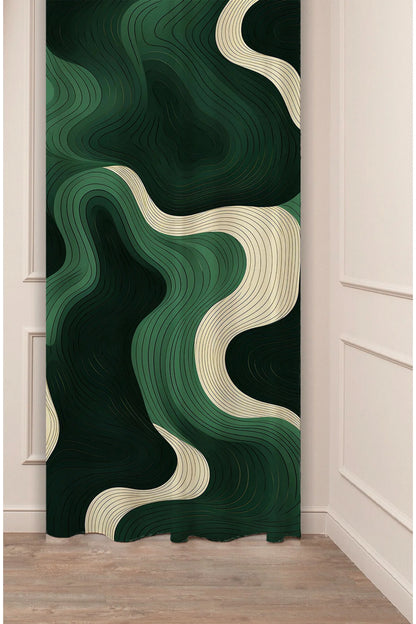 Modern Emerald & Beige Wavy Abstract Curtain - Emerald Green Line Art Drape