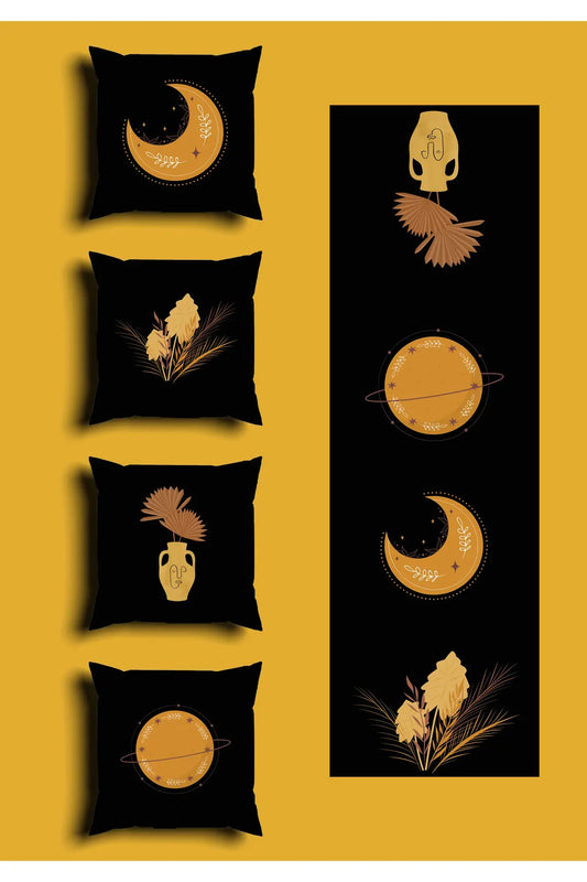 Black Mystic Celestial Cushion Cover Set & Table Runner - Abstract Golden Moon & Planet Galaxy with Antique Vase Art Combo for Modern Home Decor