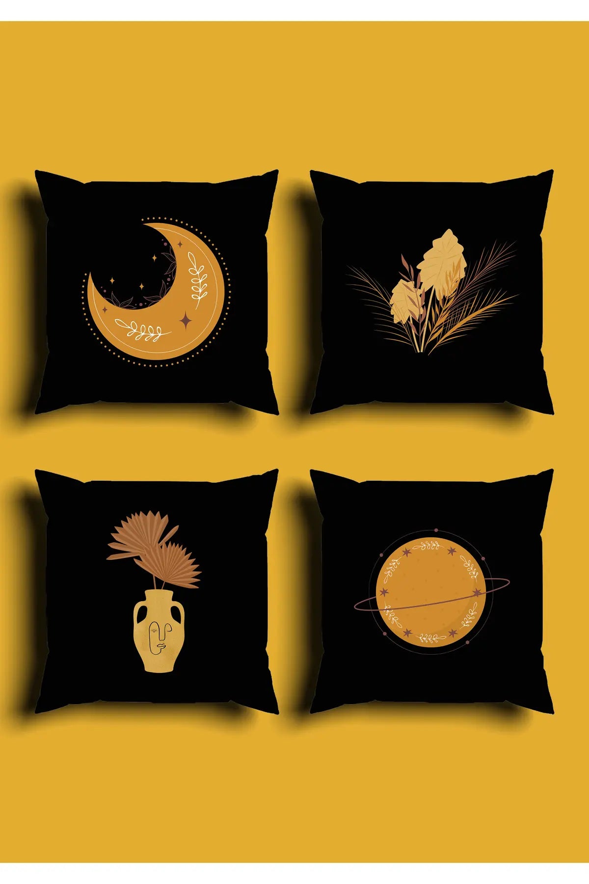 Black Mystic Celestial Cushion Cover Set & Table Runner - Abstract Golden Moon & Planet Galaxy with Antique Vase Art Combo for Modern Home Decor