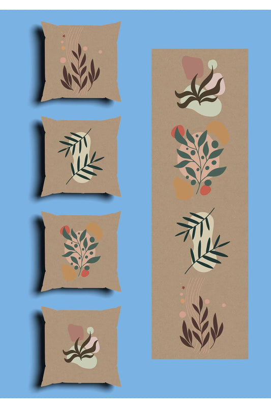 Natural Linen Tone Organic Botanical Cushion Cover Set & Table Runner - Abstract Earthy Shapes & Minimalist Eucalyptus Palm Branch Combo for Scandi Home Decor