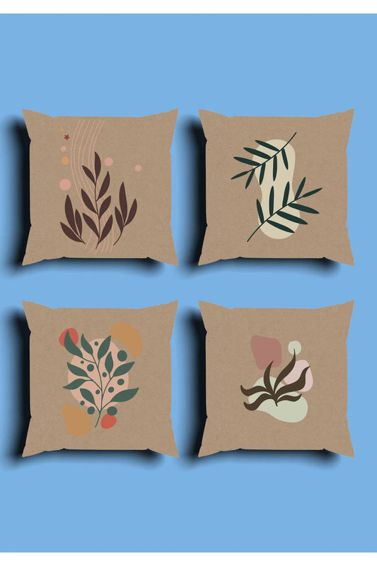 Natural Linen Tone Organic Botanical Cushion Cover Set & Table Runner - Abstract Earthy Shapes & Minimalist Eucalyptus Palm Branch Combo for Scandi Home Decor