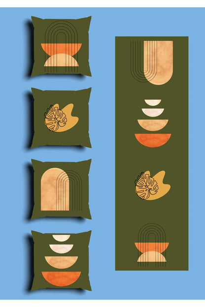 Deep Olive Haki Green Boho Cushion Cover Set & Table Runner - Abstract Terracotta Semi-Circles & Minimalist Golden Monstera Leaf Combo for Living Room Decor