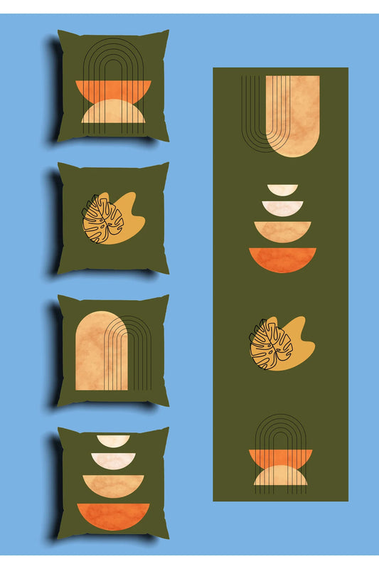 Deep Olive Haki Green Boho Cushion Cover Set & Table Runner - Abstract Terracotta Semi-Circles & Minimalist Golden Monstera Leaf Combo for Living Room Decor
