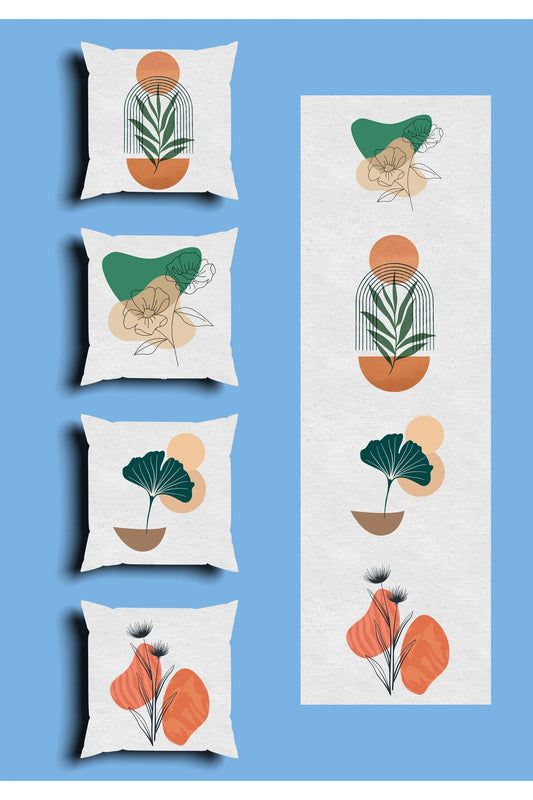 Sage Mint Green Boho Cushion Cover Set & Table Runner - Abstract Mid-Century Terracotta Arches & Botanical Line Art Combo for Living Room Decor