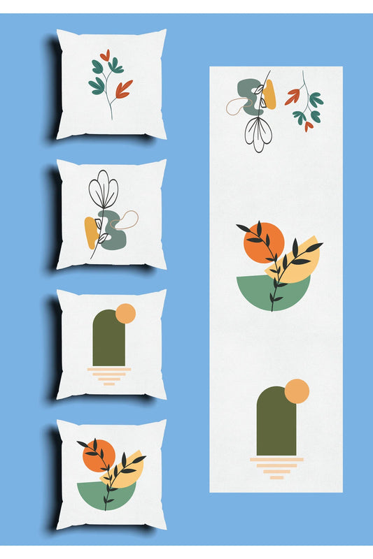 Minimalist White Boho Geometric Cushion Cover Set & Table Runner - Abstract Olive Green Arch & Sunburst Botanical Wildflower Combo for Living Room