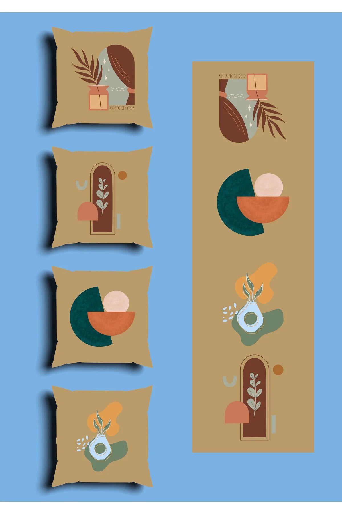 Earthy Latte Beige Boho Cushion Cover Set & Table Runner - Abstract Terracotta Arch & Minimalist Teal Geometric Ceramic Vase Combo for Living Room