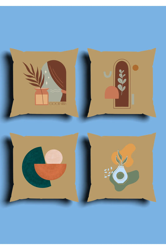 Earthy Latte Beige Boho Cushion Cover Set & Table Runner - Abstract Terracotta Arch & Minimalist Teal Geometric Ceramic Vase Combo for Living Room