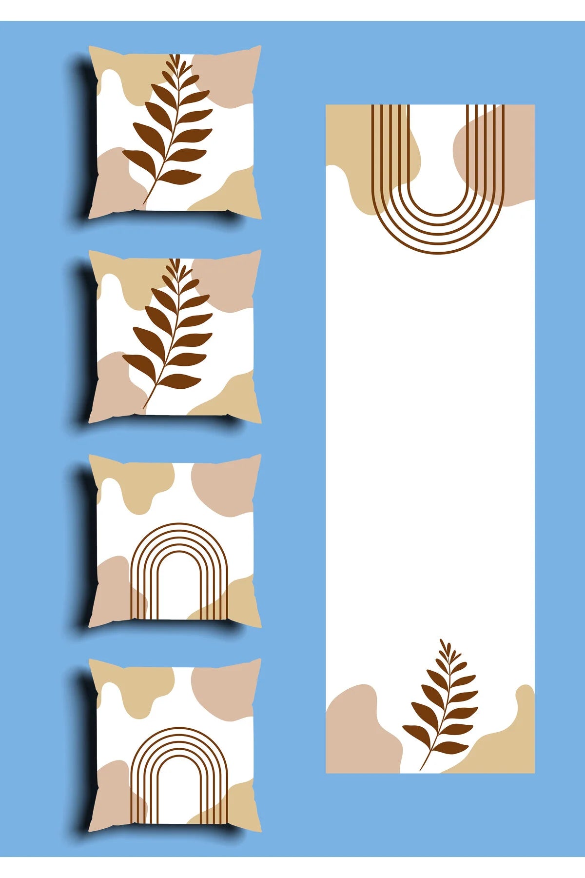 Minimalist Cream & Neutral Earth Cushion Cover Set & Table Runner - Abstract Terracotta Arch & Botanical Fern Leaf Line Art Combo for Cozy Living Room