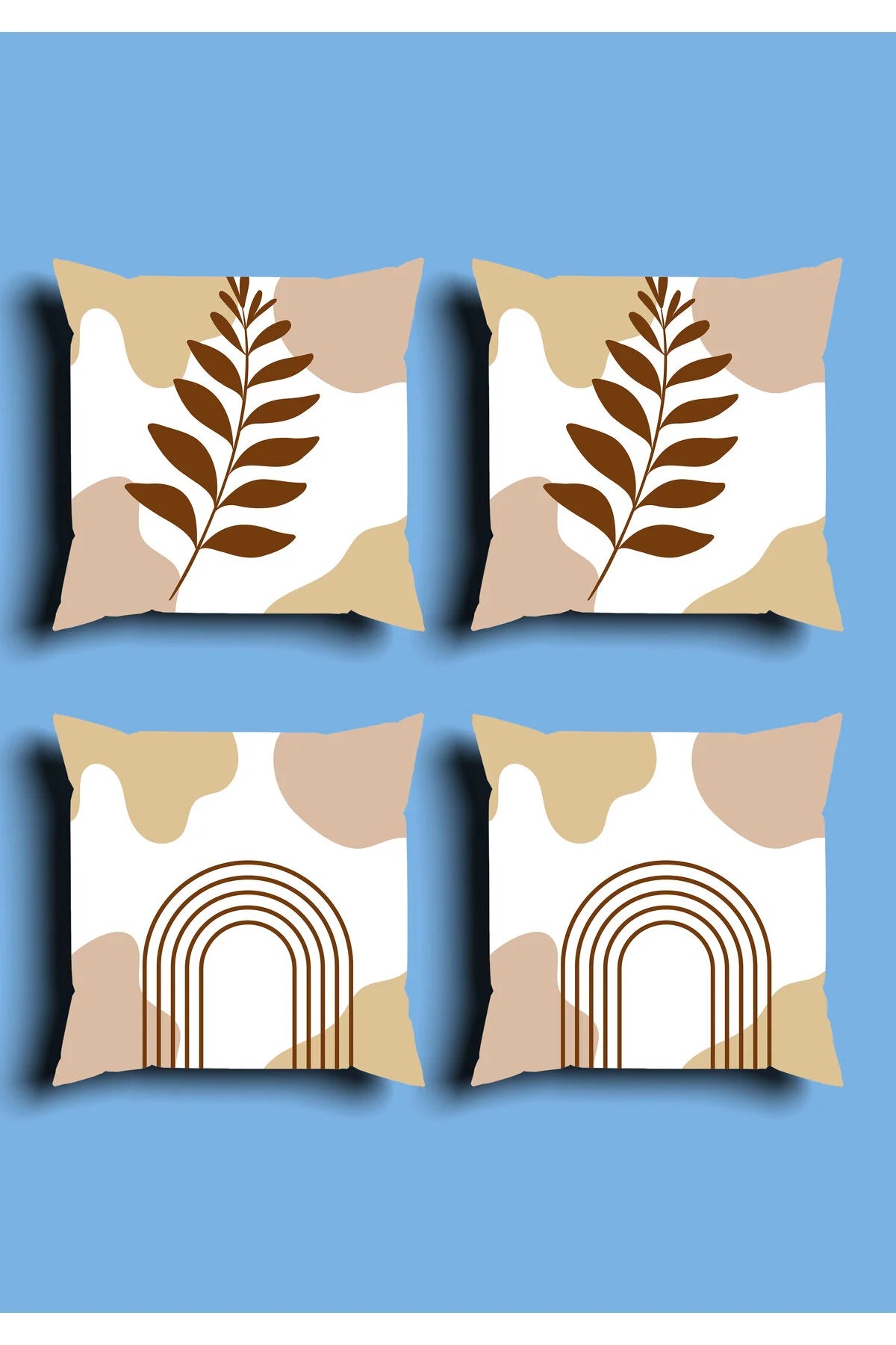 Minimalist Cream & Neutral Earth Cushion Cover Set & Table Runner - Abstract Terracotta Arch & Botanical Fern Leaf Line Art Combo for Cozy Living Room