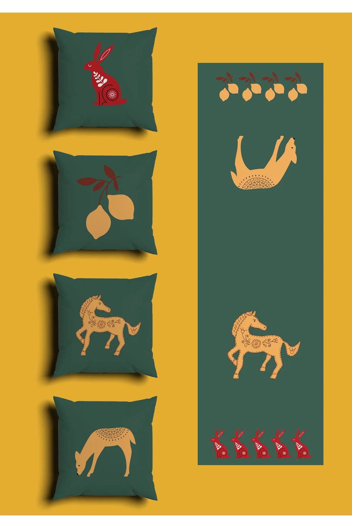 Nordic Folk Art Forest Animal Cushion Cover Set & Table Runner - Scandinavian Emerald Green Dala Horse & Red Rabbit Illustration Combo for Farmhouse