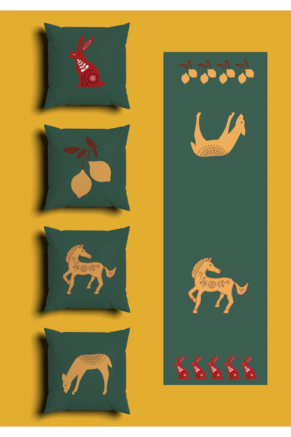 Nordic Folk Art Forest Animal Cushion Cover Set & Table Runner - Scandinavian Emerald Green Dala Horse & Red Rabbit Illustration Combo for Farmhouse