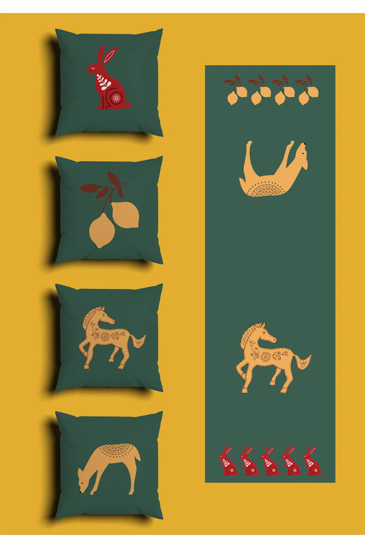 Nordic Folk Art Forest Animal Cushion Cover Set & Table Runner - Scandinavian Emerald Green Dala Horse & Red Rabbit Illustration Combo for Farmhouse