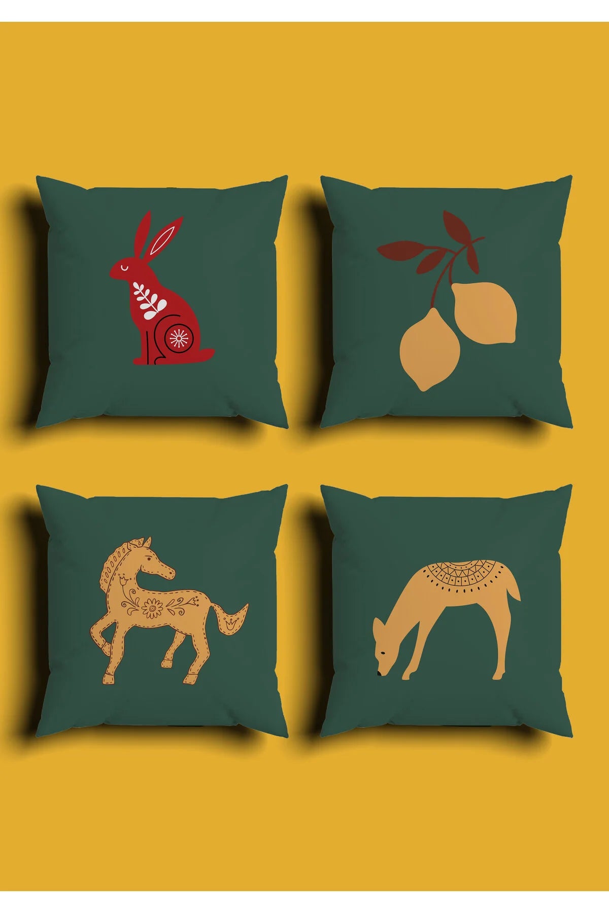Nordic Folk Art Forest Animal Cushion Cover Set & Table Runner - Scandinavian Emerald Green Dala Horse & Red Rabbit Illustration Combo for Farmhouse
