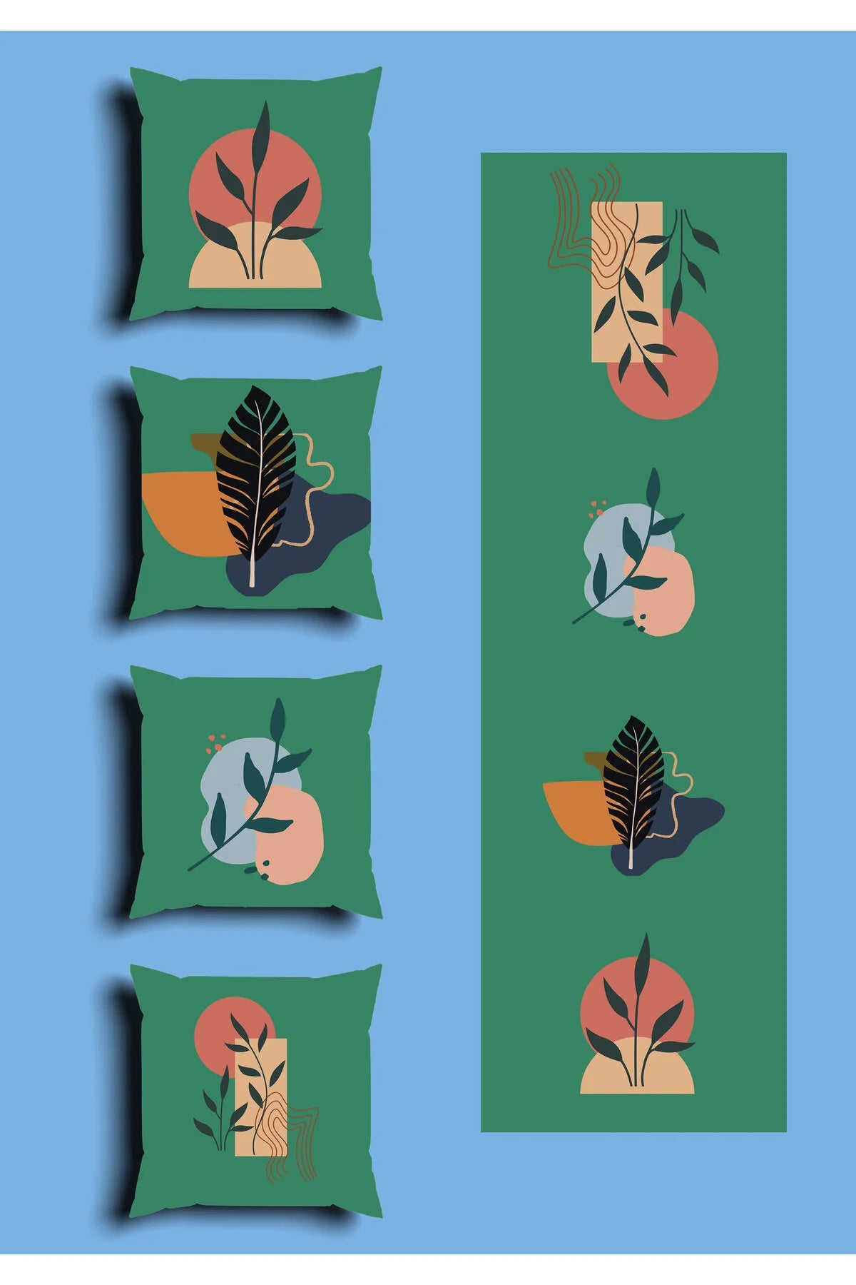 Emerald Green Tropical Boho Cushion Cover Set & Table Runner - Abstract Terracotta Shapes & Contrast Botanical Palm Leaf Combo for Modern Living Room