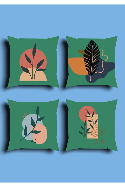 Emerald Green Tropical Boho Cushion Cover Set & Table Runner - Abstract Terracotta Shapes & Contrast Botanical Palm Leaf Combo for Modern Living Room