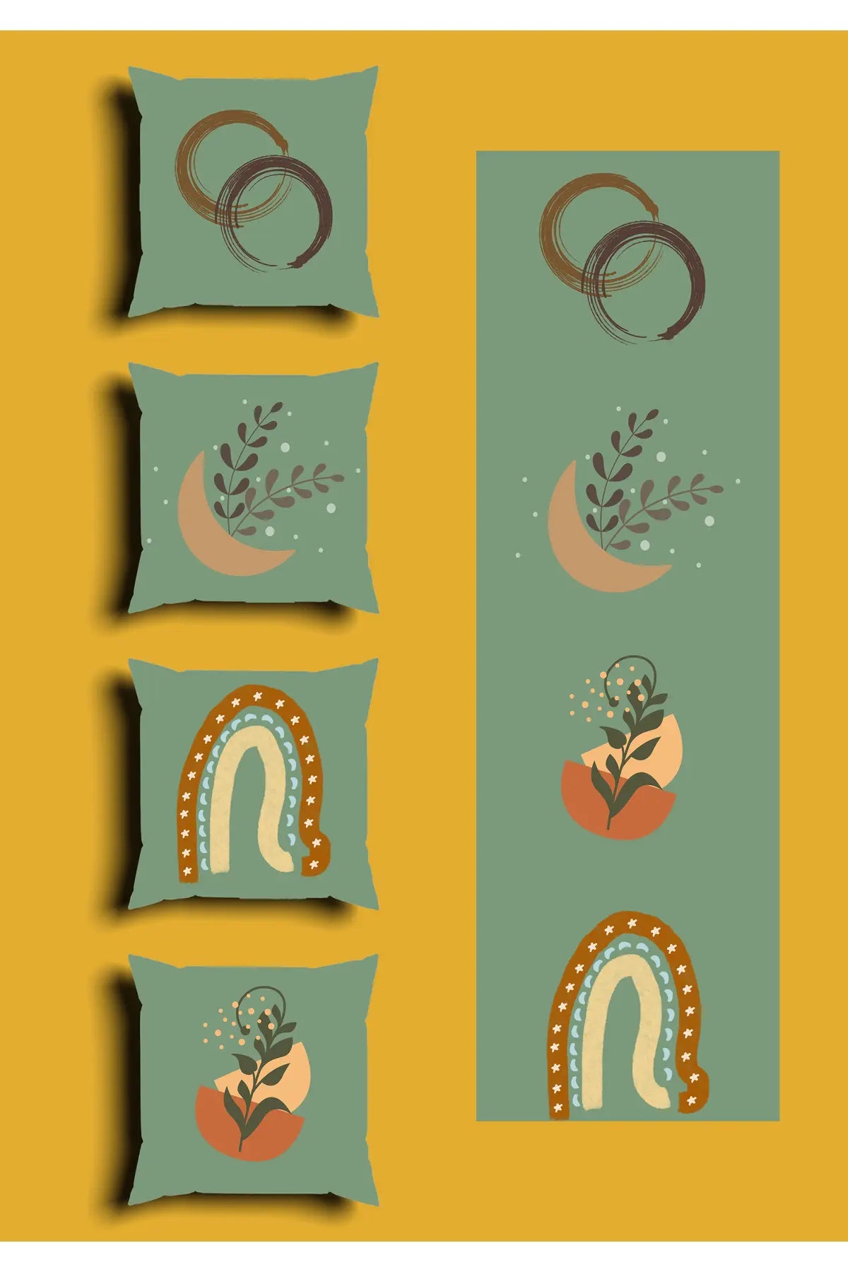 Sage Mint Green Celestial Cushion Cover Set & Table Runner - Abstract Boho Rainbow & Mystic Crescent Moon Botanical Combo for Living Room
