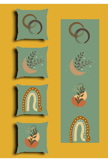 Sage Mint Green Celestial Cushion Cover Set & Table Runner - Abstract Boho Rainbow & Mystic Crescent Moon Botanical Combo for Living Room