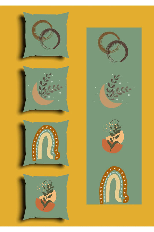 Sage Mint Green Celestial Cushion Cover Set & Table Runner - Abstract Boho Rainbow & Mystic Crescent Moon Botanical Combo for Living Room