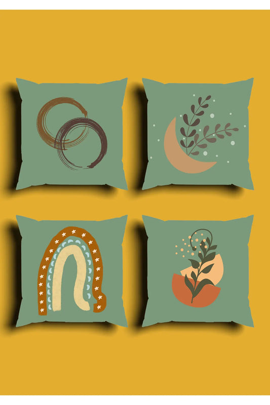 Sage Mint Green Celestial Cushion Cover Set & Table Runner - Abstract Boho Rainbow & Mystic Crescent Moon Botanical Combo for Living Room