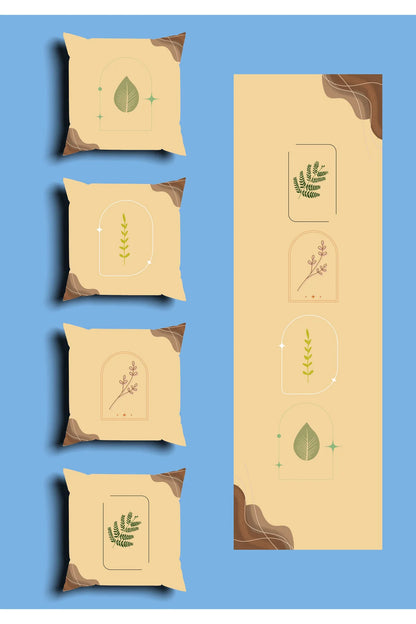 Minimalist Cream Japandi Cushion Cover Set & Table Runner - Abstract Thin Arch & Delicate Botanical Leaf Line Art Combo for Neutral Living Room