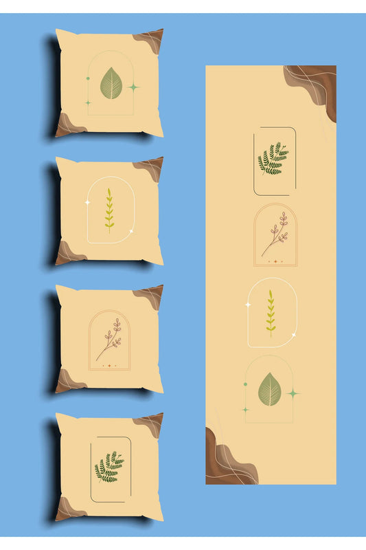 Minimalist Cream Japandi Cushion Cover Set & Table Runner - Abstract Thin Arch & Delicate Botanical Leaf Line Art Combo for Neutral Living Room