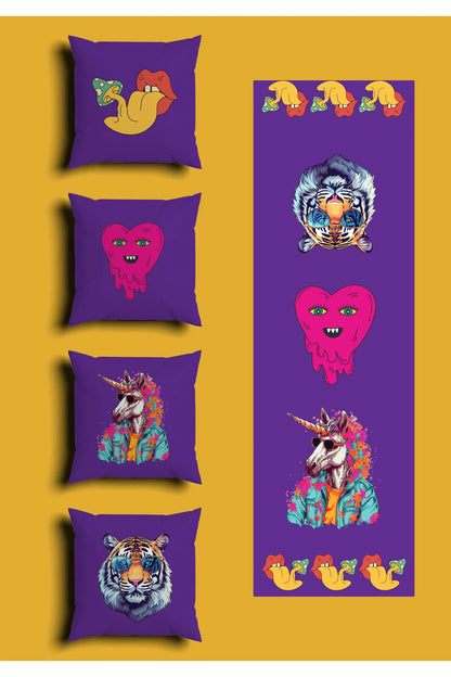 Trippy Psychedelic Purple Cushion Cover Set & Table Runner - Retro Pop Art Melting Heart, Sunglasses Tiger & Neon Acid Unicorn Combo for Y2K Aesthetic Room