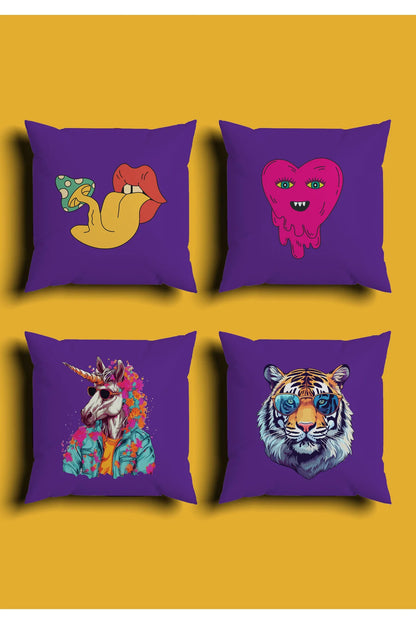 Trippy Psychedelic Purple Cushion Cover Set & Table Runner - Retro Pop Art Melting Heart, Sunglasses Tiger & Neon Acid Unicorn Combo for Y2K Aesthetic Room
