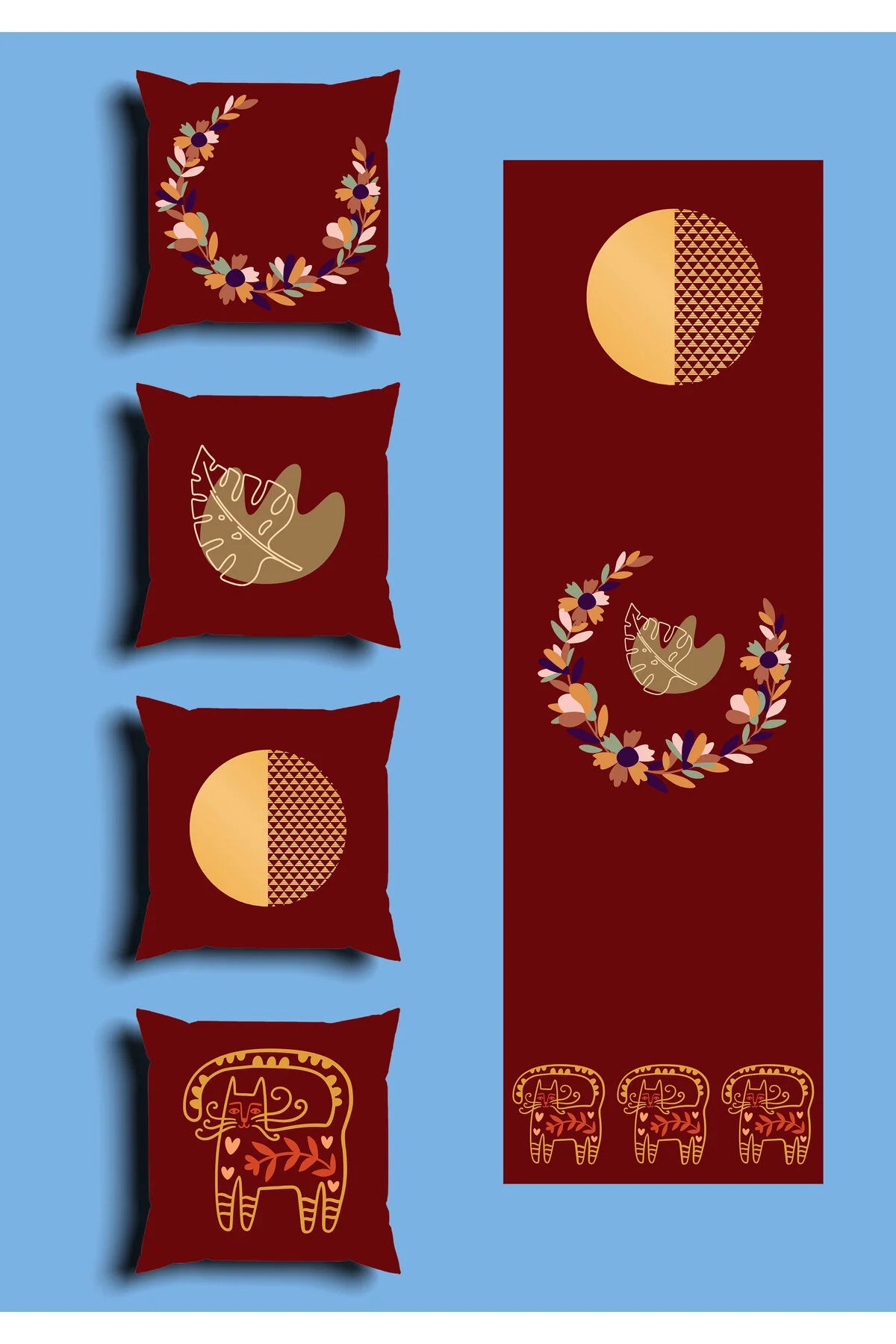 Burgundy Scandinavian Folk Dala Horse Cushion Cover Set & Table Runner - Boho Lunar Crescent Moon & Autumn Botanical Wreath Combo for Cozy Living Room