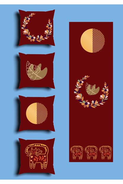 Burgundy Scandinavian Folk Dala Horse Cushion Cover Set & Table Runner - Boho Lunar Crescent Moon & Autumn Botanical Wreath Combo for Cozy Living Room