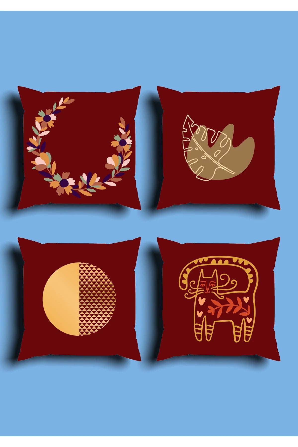 Burgundy Scandinavian Folk Dala Horse Cushion Cover Set & Table Runner - Boho Lunar Crescent Moon & Autumn Botanical Wreath Combo for Cozy Living Room
