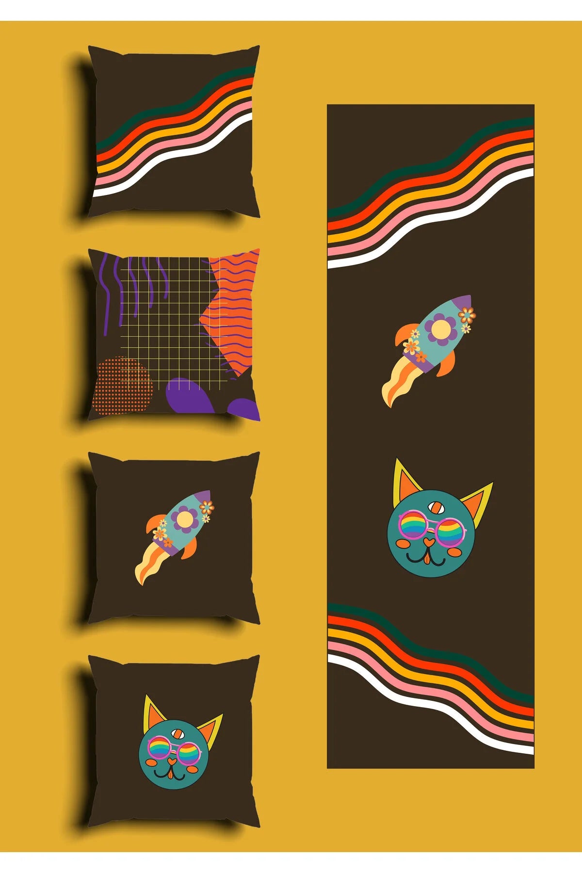Retro Dark Brown Space Rocket Cushion Cover Set & Table Runner - Trippy 70s Rainbow Waves & Cosmic Third Eye Alien Cat Combo