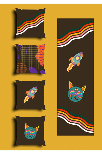 Retro Dark Brown Space Rocket Cushion Cover Set & Table Runner - Trippy 70s Rainbow Waves & Cosmic Third Eye Alien Cat Combo