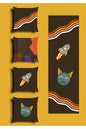 Retro Dark Brown Space Rocket Cushion Cover Set & Table Runner - Trippy 70s Rainbow Waves & Cosmic Third Eye Alien Cat Combo