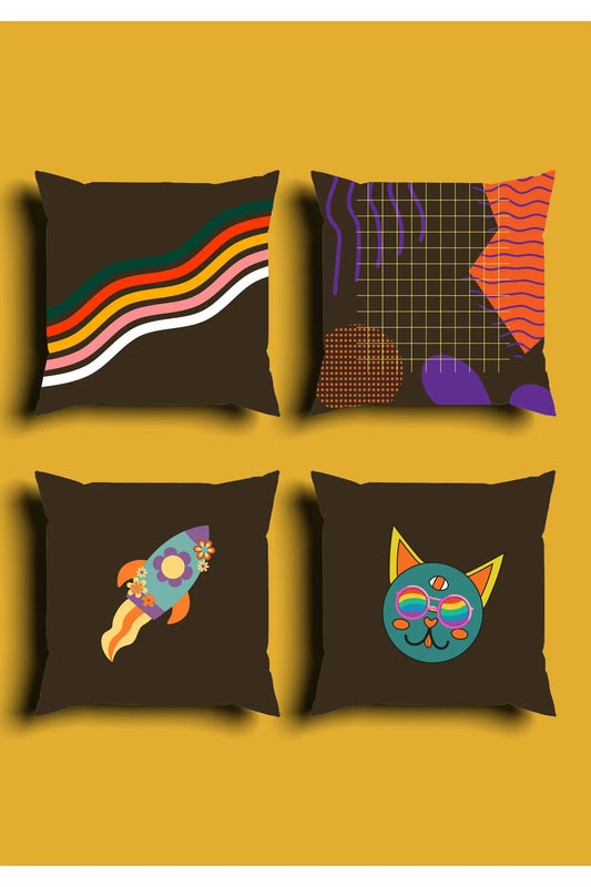 Retro Dark Brown Space Rocket Cushion Cover Set & Table Runner - Trippy 70s Rainbow Waves & Cosmic Third Eye Alien Cat Combo