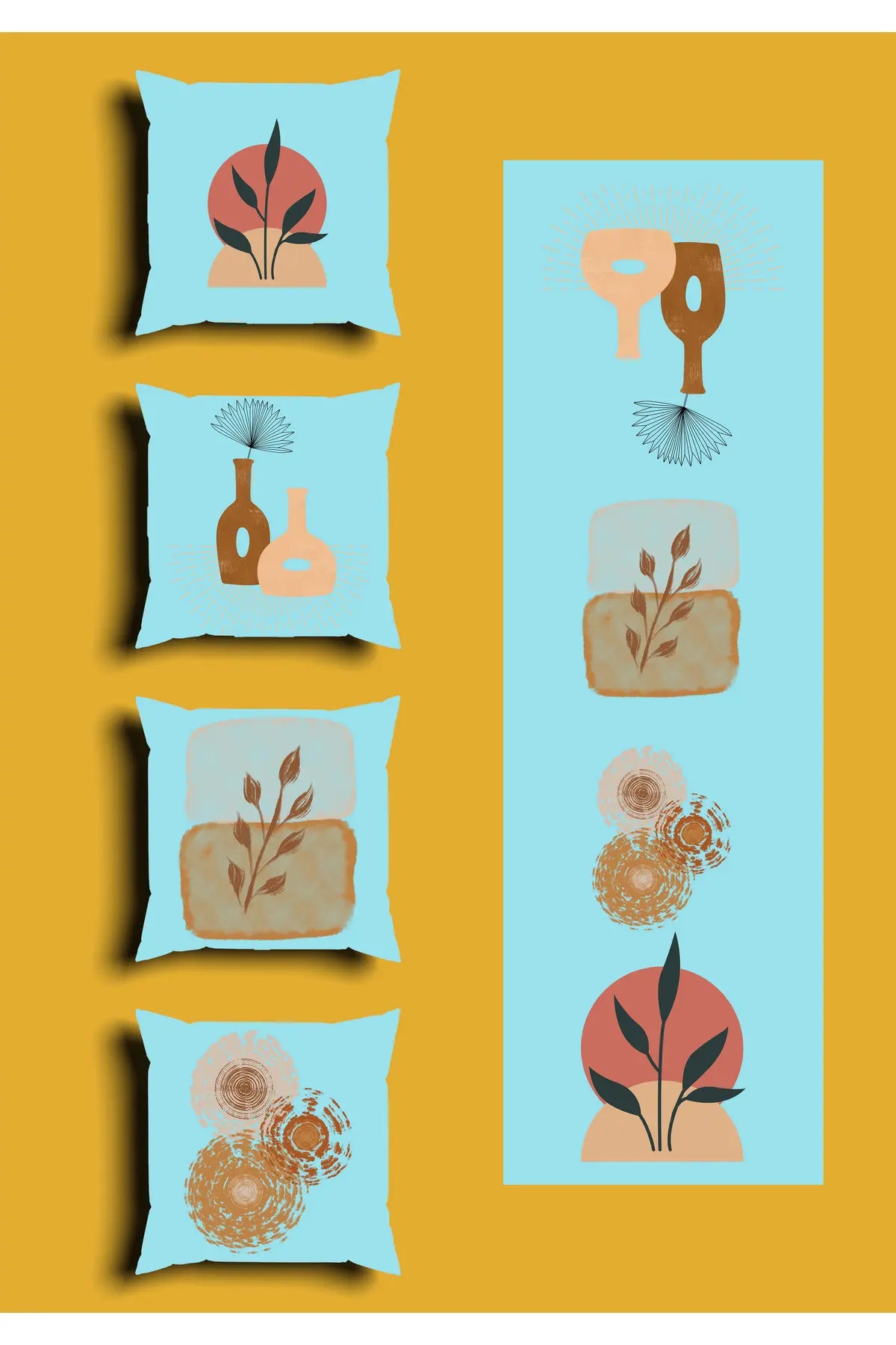 Light Blue Boho Ceramic Vase Cushion Cover Set & Table Runner - Minimalist Terracotta Sun Disk & Abstract Autumn Botanical Branch Combo