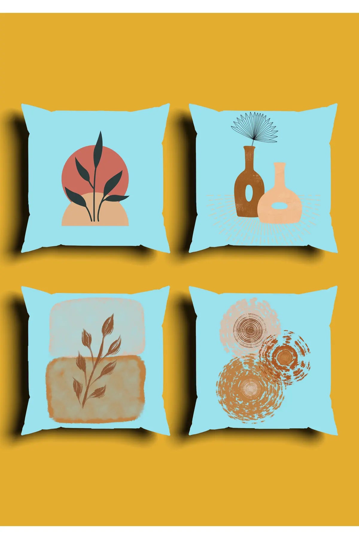Light Blue Boho Ceramic Vase Cushion Cover Set & Table Runner - Minimalist Terracotta Sun Disk & Abstract Autumn Botanical Branch Combo