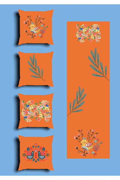 Vibrant Orange Scandinavian Folk Art Bird Cushion Cover Set & Table Runner - Traditional Slavic Floral & Blue Botanical Leaf Branch Combo