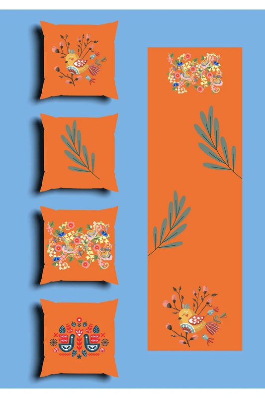 Vibrant Orange Scandinavian Folk Art Bird Cushion Cover Set & Table Runner - Traditional Slavic Floral & Blue Botanical Leaf Branch Combo